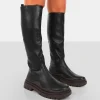 Public Desire On Point Black Pu Chunky Sole Knee High Boots | Women Knee High Boots