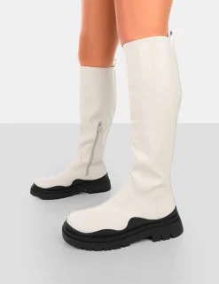 Public Desire On Point Black Pu Chunky Sole Knee High Boots | Women Knee High Boots