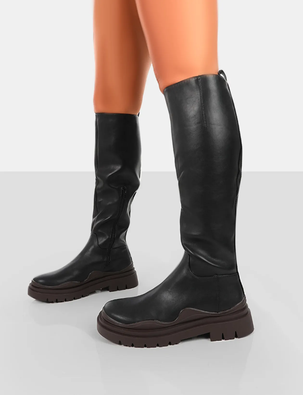 Public Desire On Point Black Pu Chunky Sole Knee High Boots | Women Knee High Boots