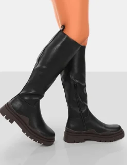 Public Desire On Point Black Pu Chunky Sole Knee High Boots | Women Knee High Boots