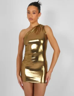 Public Desire One Shoulder Ruched Metallic Mini Dress | Women Dresses