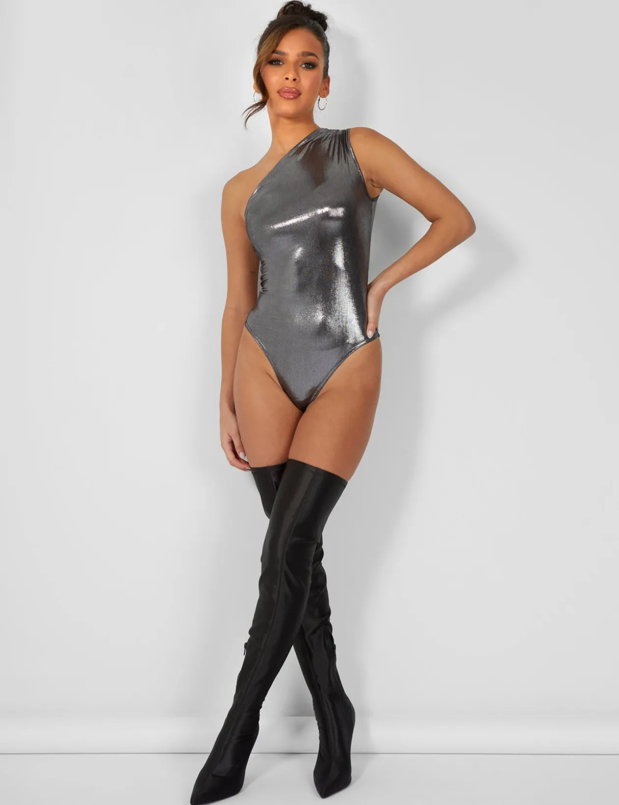 Public Desire One Shoulder Ruched Metallic Bodysuit | Women Bodysuits