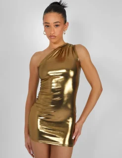 Public Desire One Shoulder Ruched Metallic Mini Dress | Women Dresses