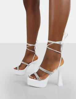 Public Desire Opal White Pu Diamante Lace Up Platform Heels | Women Platform Heels