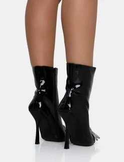 Public Desire Orla Patent Diamante Bow Pointed Toe Stiletto Ankle Boots | Women Heeled Boots