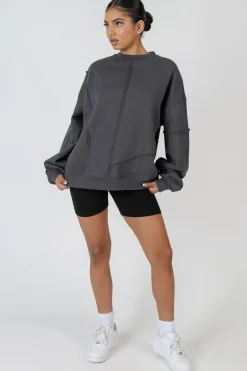 Public Desire Oversized Exposed Seam Detail Sweatshirt Dark Grey | Women Sweatshirt & Hoodies