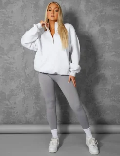Public Desire Oversized Half Zip Pullover Pocket Front Sweatshirt Oatmeal Marl | Women Curve