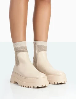 Public Desire Paloma Boucle Knit Platform Chunky Sole Sock Ankle Boots | Women Chunky Boots