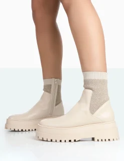Public Desire Paloma Boucle Knit Platform Chunky Sole Sock Ankle Boots | Women Chunky Boots