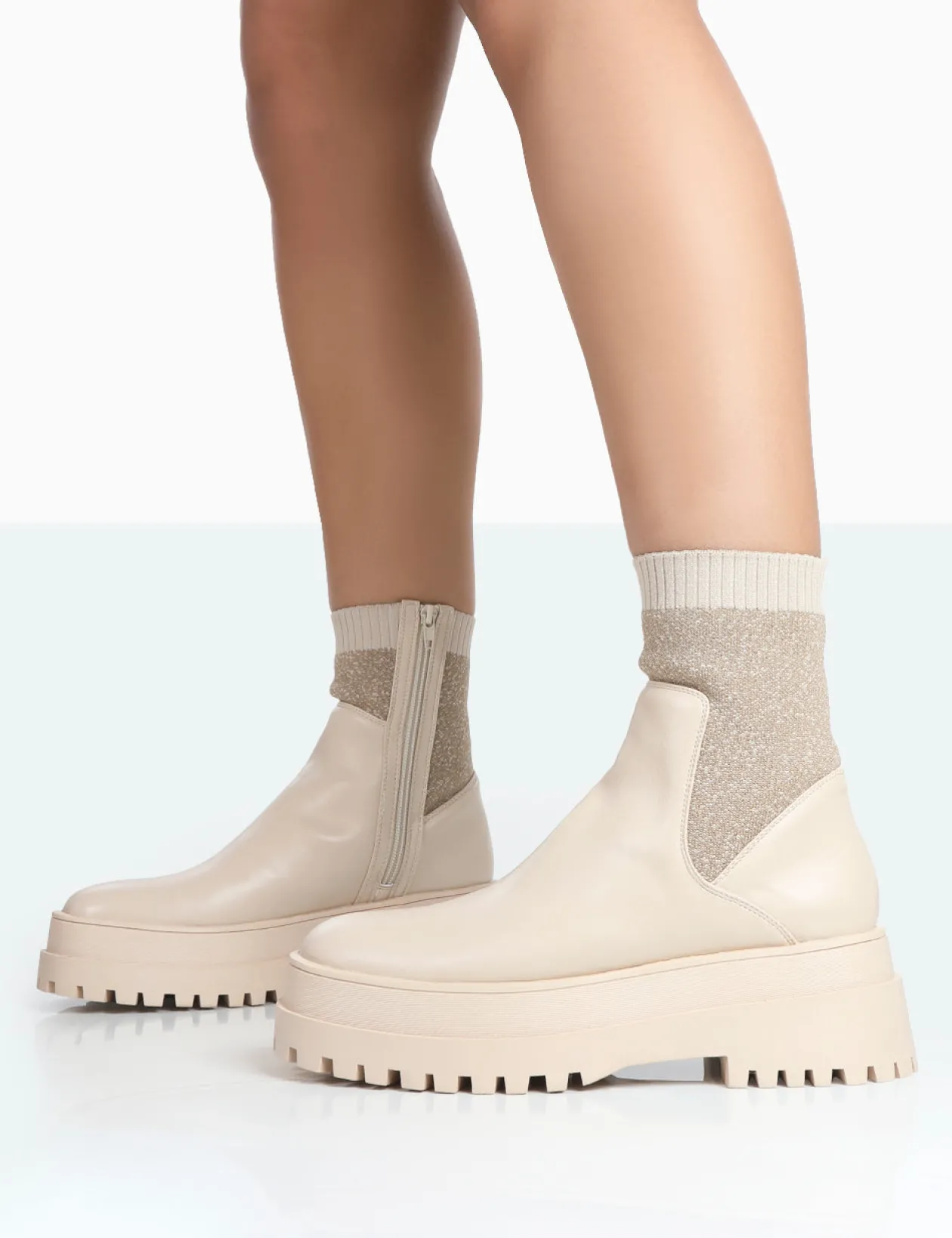 Public Desire Paloma Boucle Knit Platform Chunky Sole Sock Ankle Boots | Women Chunky Boots