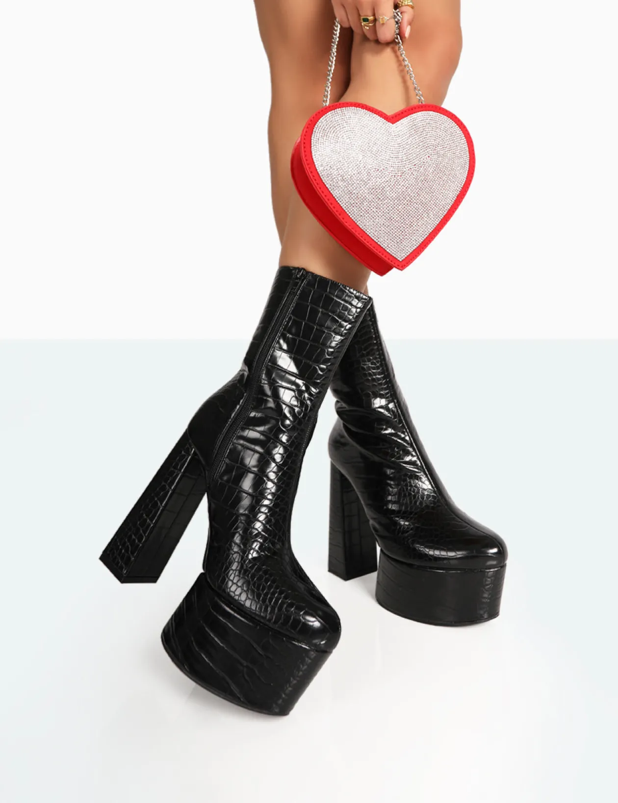 Public Desire Parker Patent Croc Platform Rounded Pointed Toe Block Heeled Ankle Boots | Women Heeled Boots