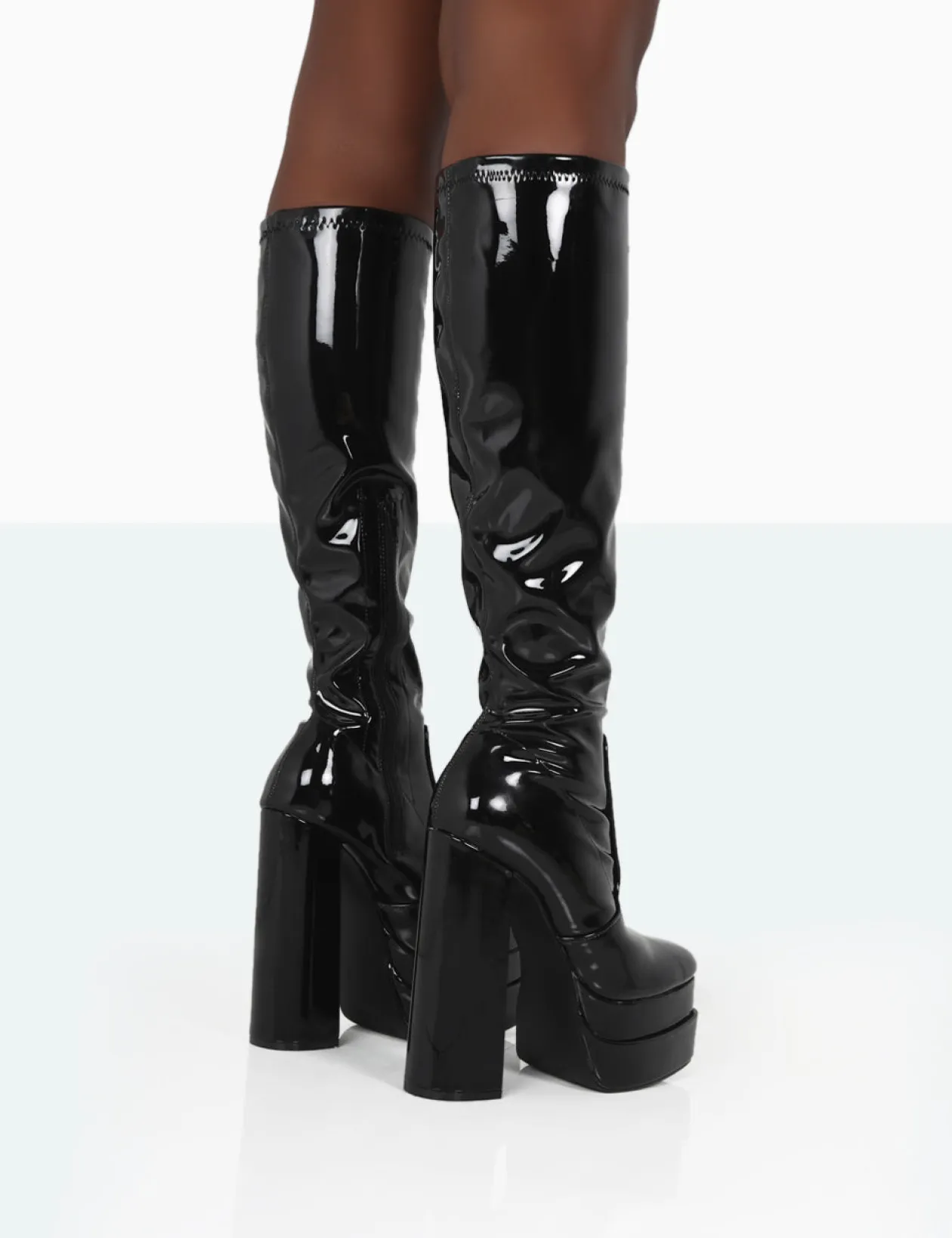 Public Desire Passive Patent Square Toe Platform Block High Heel Over The Knee Boots | Women Over The Knee Boots
