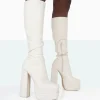Public Desire Passive Pu Square Toe Platform Block High Heel Over The Knee Boots | Women Over The Knee Boots