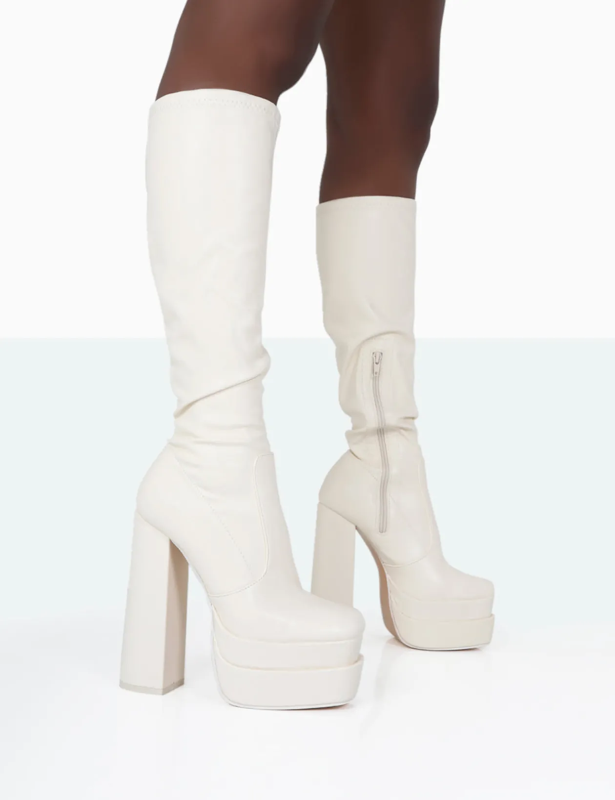 Public Desire Passive Pu Square Toe Platform Block High Heel Over The Knee Boots | Women Over The Knee Boots