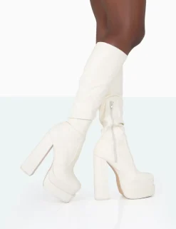 Public Desire Passive Pu Square Toe Platform Block High Heel Over The Knee Boots | Women Over The Knee Boots