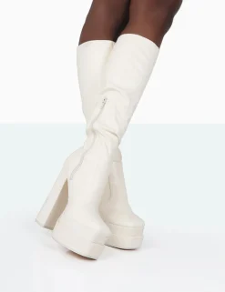 Public Desire Passive Pu Square Toe Platform Block High Heel Over The Knee Boots | Women Over The Knee Boots