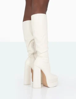Public Desire Passive Pu Square Toe Platform Block High Heel Over The Knee Boots | Women Over The Knee Boots