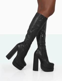 Public Desire Passive Wide Fit Pu Square Toe Platform Block High Heel Over The Knee Boots | Women Platform Heels