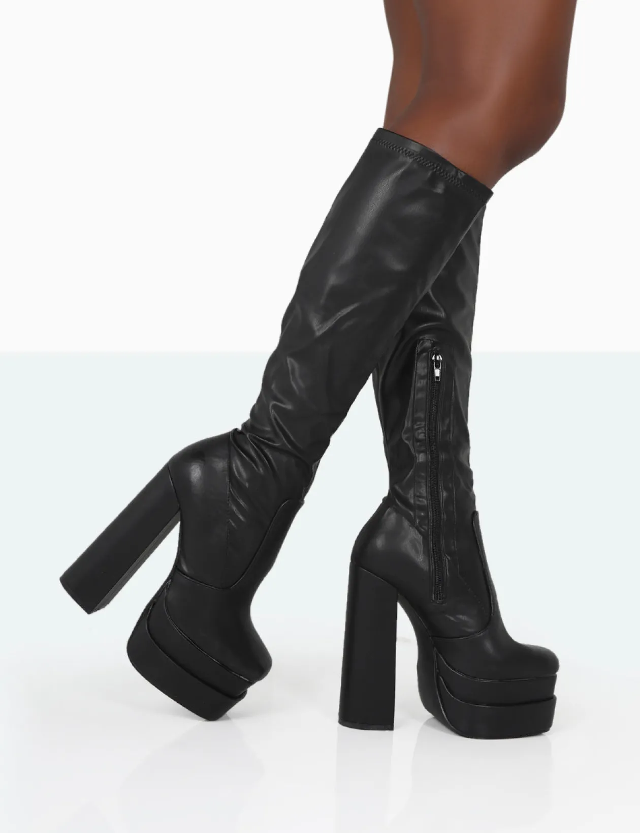 Public Desire Passive Wide Fit Pu Square Toe Platform Block High Heel Over The Knee Boots | Women Platform Heels