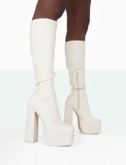 Public Desire Passive Wide Fit Pu Square Toe Platform Block High Heel Over The Knee Boots | Women Platform Heels