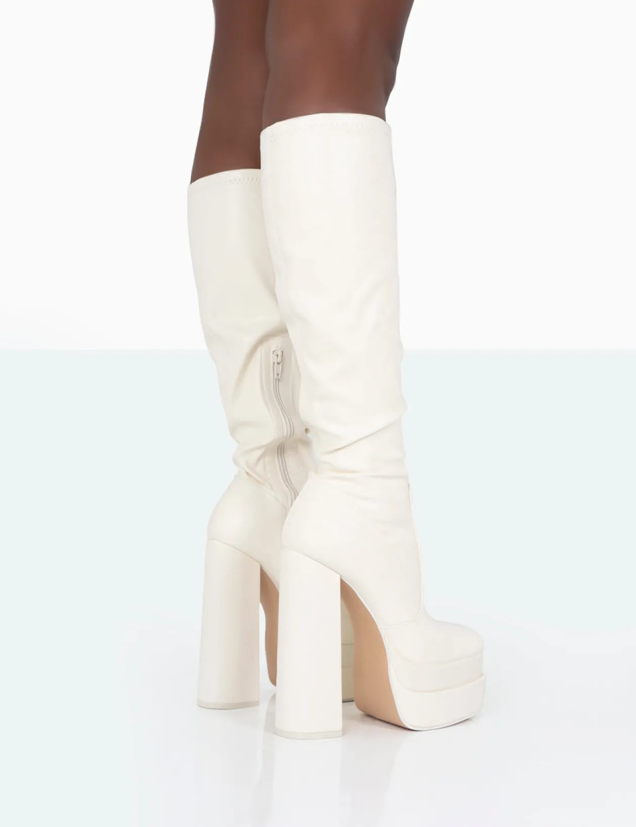 Public Desire Passive Wide Fit Pu Square Toe Platform Block High Heel Over The Knee Boots | Women Platform Heels