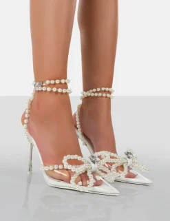 Public Desire Pearl Bow Clear Perspex Wrap Around Party Pointed Toe Stiletto Court Heels | Women Court Heels