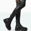 Public Desire Pheonixe Pu Chunky Sole Round Toe Over The Knee Boots | Women Chunky Boots