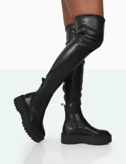 Public Desire Pheonixe Pu Chunky Sole Round Toe Over The Knee Boots | Women Chunky Boots
