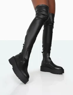 Public Desire Pheonixe Pu Chunky Sole Round Toe Over The Knee Boots | Women Chunky Boots