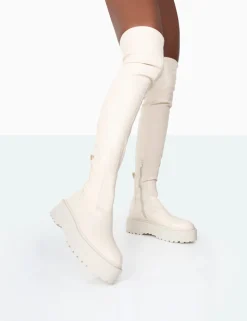 Public Desire Pheonixe Pu Chunky Sole Round Toe Over The Knee Boots | Women Chunky Boots