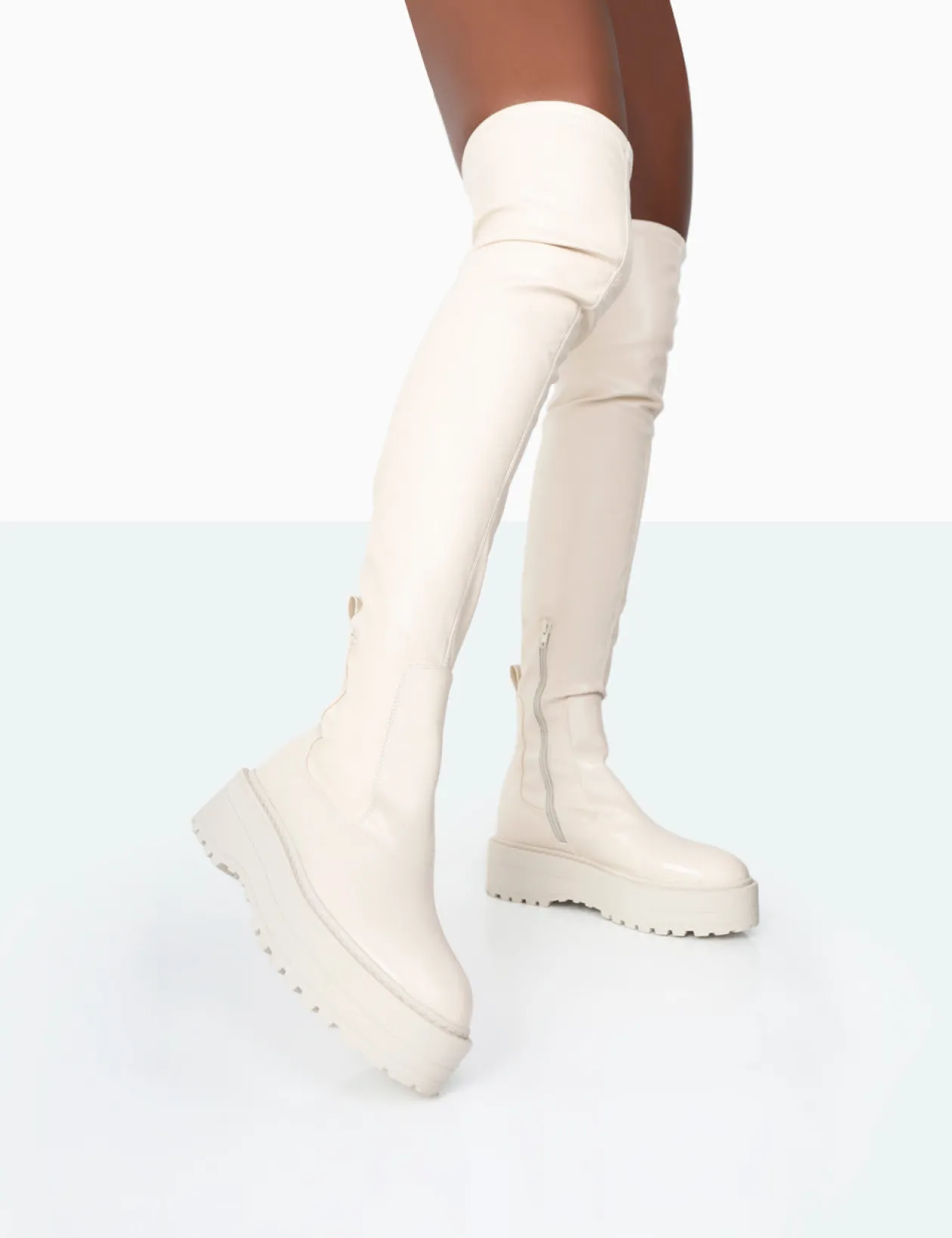 Public Desire Pheonixe Pu Chunky Sole Round Toe Over The Knee Boots | Women Chunky Boots