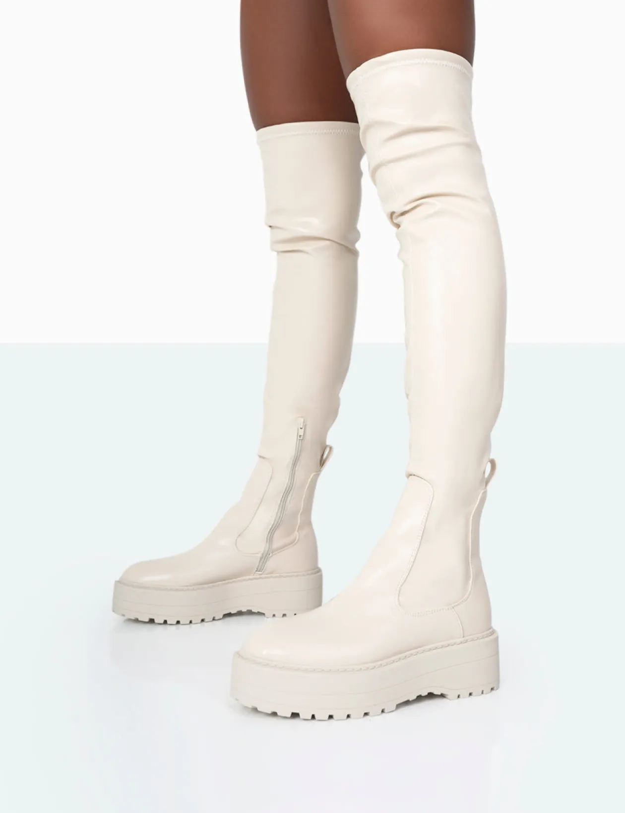 Public Desire Pheonixe Pu Chunky Sole Round Toe Over The Knee Boots | Women Chunky Boots