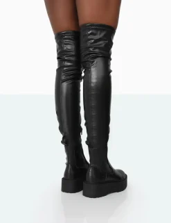 Public Desire Pheonixe Pu Chunky Sole Round Toe Over The Knee Boots | Women Chunky Boots