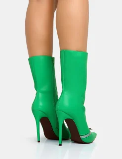 Public Desire Pitstop Green Pu Zip Detail Pointed Toe Stiletto Heel Ankle Boots | Women Heeled Boots