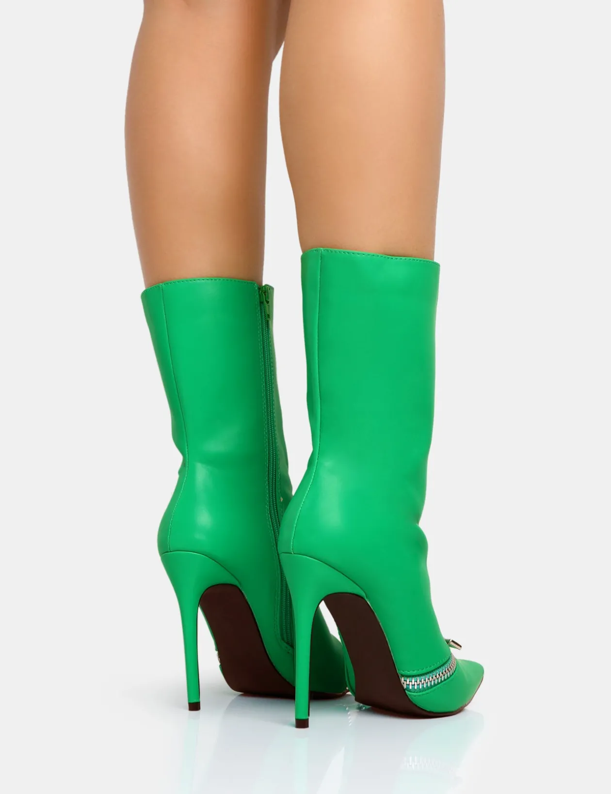 Public Desire Pitstop Green Pu Zip Detail Pointed Toe Stiletto Heel Ankle Boots | Women Heeled Boots