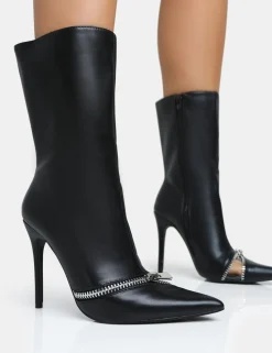 Public Desire Pitstop Pu Zip Detail Pointed Toe Stiletto Heel Ankle Boots | Women Heeled Boots