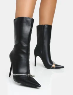 Public Desire Pitstop Pu Zip Detail Pointed Toe Stiletto Heel Ankle Boots | Women Heeled Boots