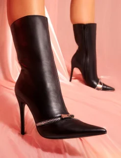 Public Desire Pitstop Pu Zip Detail Pointed Toe Stiletto Heel Ankle Boots | Women Heeled Boots