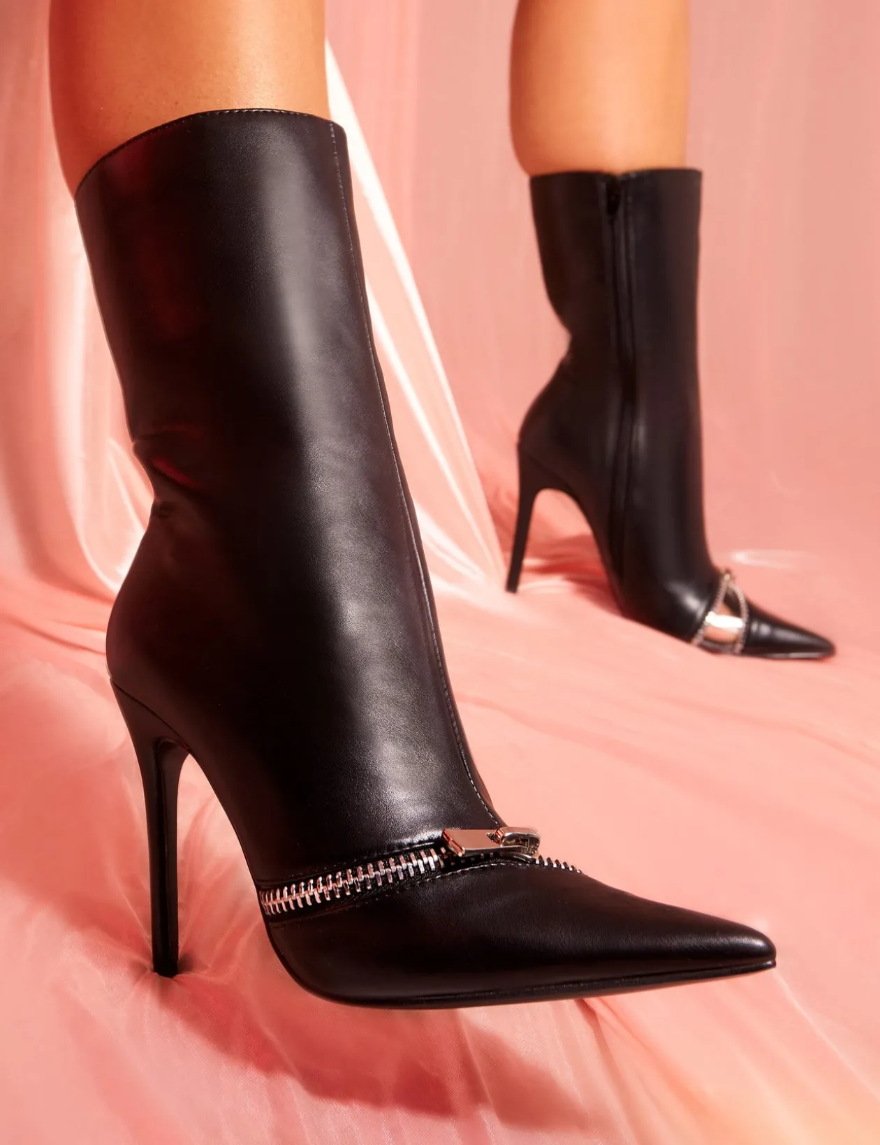 Public Desire Pitstop Pu Zip Detail Pointed Toe Stiletto Heel Ankle Boots | Women Heeled Boots