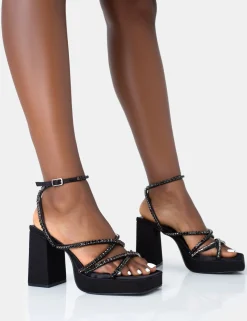 Public Desire Playout Satin Diamante Strappy Platform Square Toe Mid Block Heels | Women Square Toe Heels