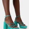 Public Desire Playout Satin Diamante Strappy Platform Square Toe Mid Block Heels | Women Square Toe Heels