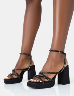 Public Desire Playout Satin Diamante Strappy Platform Square Toe Mid Block Heels | Women Square Toe Heels
