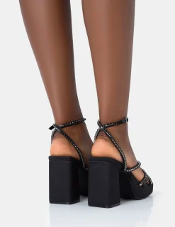 Public Desire Playout Satin Diamante Strappy Platform Square Toe Mid Block Heels | Women Square Toe Heels