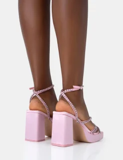 Public Desire Playout Satin Diamante Strappy Platform Square Toe Mid Block Heels | Women Square Toe Heels