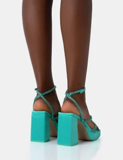 Public Desire Playout Satin Diamante Strappy Platform Square Toe Mid Block Heels | Women Square Toe Heels