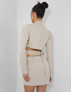 Public Desire Pocket Detail Cut Out Waist Tailored Blazer Dress Ecru | Women Dresses