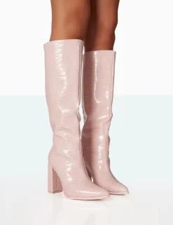 Public Desire Posie Baby Croc Pu Knee High Block Heel Boots | Women Sock Fit Boots
