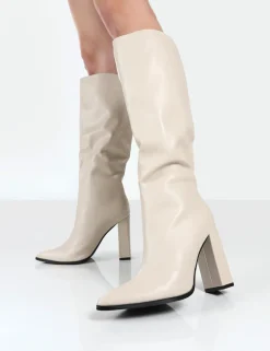 Public Desire Posie Pu Knee High Block Heel Boots | Women Knee High Boots