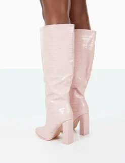 Public Desire Posie Wide Fit Baby Croc Pu Knee High Block Heel Boots | Women Sock Fit Boots