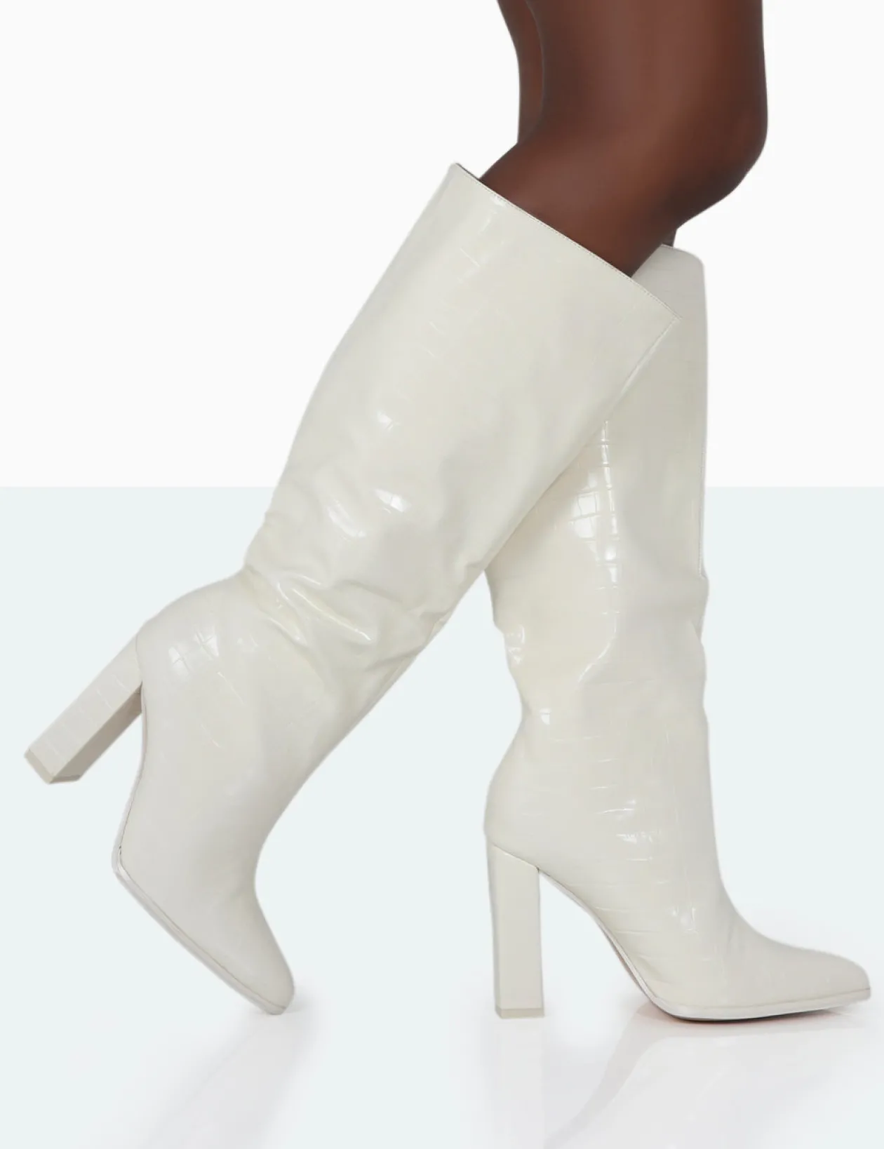 Public Desire Posie Wide Fit Ecru Croc Knee High Block Heel Boots | Women Sock Fit Boots